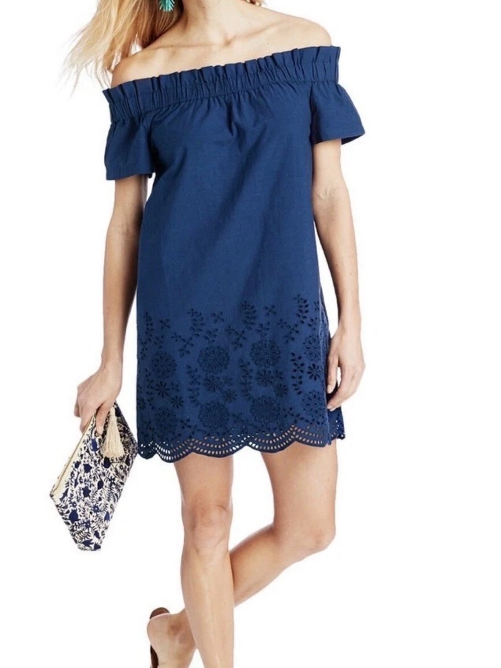 Vineyard Vines Navy Off-Shoulder Eyelet Hem Dress